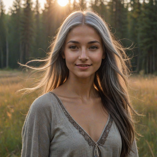 ultrarealistic, beautiful caucasian woman, Indian pirouette on her head, gray hair, long straight hair, the sun gently illuminates her hair. Ultrarealistic skin, stands in the meadow, 1 girl, age - about 25 years old, swarthy complexion, ultrarealistic skin, smiles gently, stands near the campfire. She looks sexy
