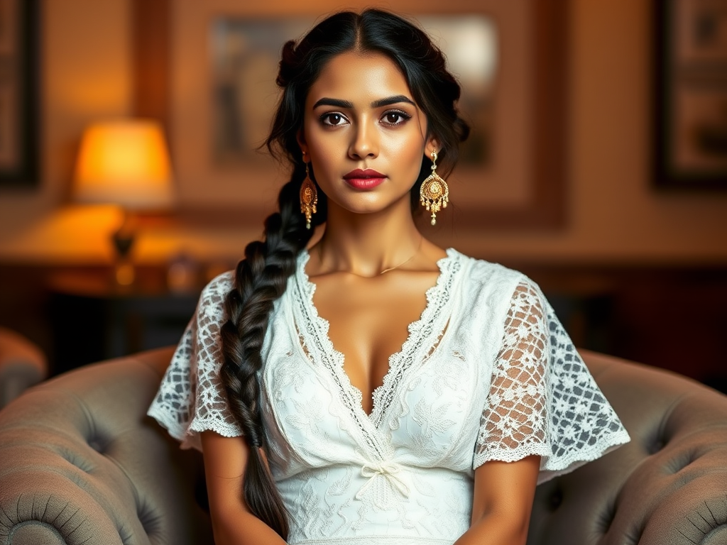 Create a portrait of a refined and elegant Nepali woman seated in a sophisticated setting. She has long, wavy hair styled in two thick braids that are pulled over her shoulders. She wears a white, lace gown with intricate patterns, featuring a deep V-neckline and short sleeves. The dress exudes a vintage charm with its delicate lacework. She is adorned with ornate, dangling earrings that add a touch of glamour to her appearance. The background is softly lit, with warm, ambient lighting that creates a cozy and inviting atmosphere. Her expression is poised and serene, capturing a sense of grace and elegance.