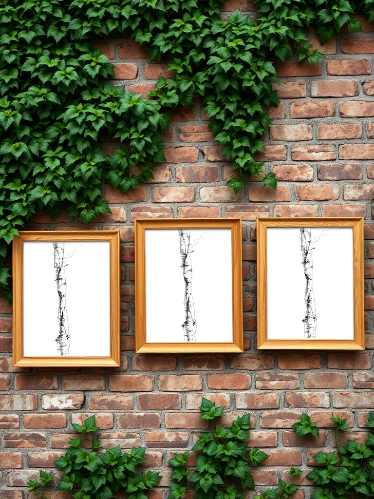 Create an image of three blank picture frames with birch tree textures, arranged against a rustic brick wall covered with green vines and foliage, captured with a DSLR camera at f/2.8 aperture, 35mm lens, ISO 100, in natural lighting for enhanced clarity and vibrant colors.