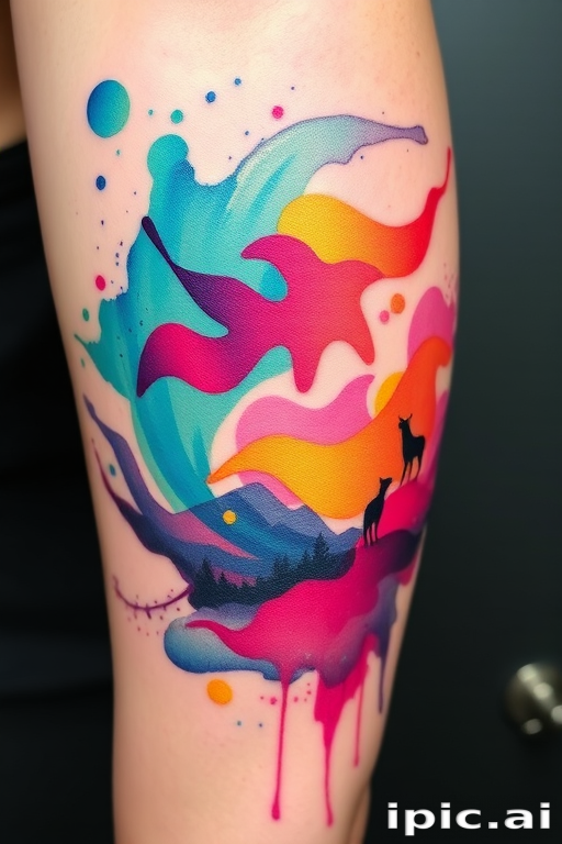 Vibrant watercolor splash tattoo named "Chromatic Symphony" featuring swirling hues of teal, magenta, and gold, blending seamlessly into an abstract landscape with hidden animal silhouettes