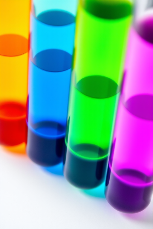 Close-up of five test tubes with colorful liquids (orange, yellow, green, blue, purple) on a white background, using a macro lens at f/2.8, ISO 100, shutter speed 1/250s, shot with a DSLR camera for enhanced detail and vibrant colors.