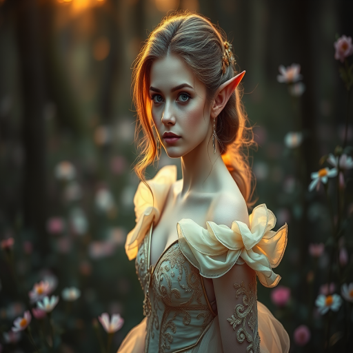 portrait of an elegant elf princess in a mystical forest, soft golden hour lighting, shallow depth of field, 85mm f/1.8 lens, ISO 100, aperture f/1.8, full-frame DSLR, dreamy atmosphere, intricate details in gown and floral background
