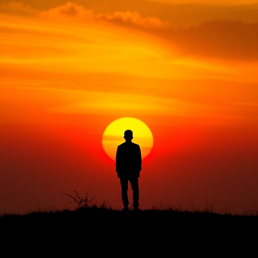 A serene silhouette of a person standing on a hill against a vibrant sunset background with swirling orange and yellow hues, captured in a high-resolution image using a DSLR camera with a 50mm lens, aperture set to f/1.8, ISO 100, and a wide-angle view for enhanced depth and clarity.