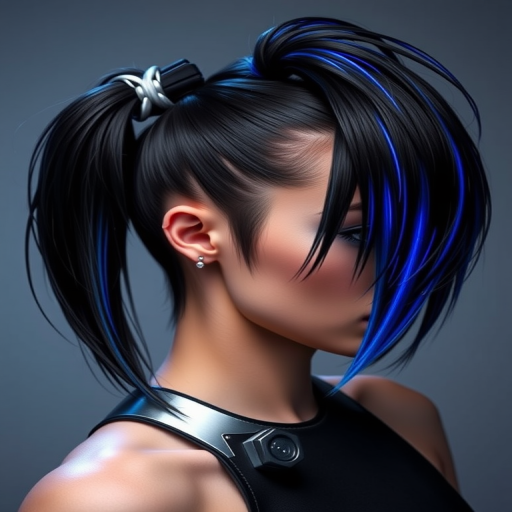 Jet black hair styled in a sleek, high ponytail with electric blue streaks running through it, secured with a futuristic silver cuff for a striking cyberpunk aesthetic called Nightrider Bolt