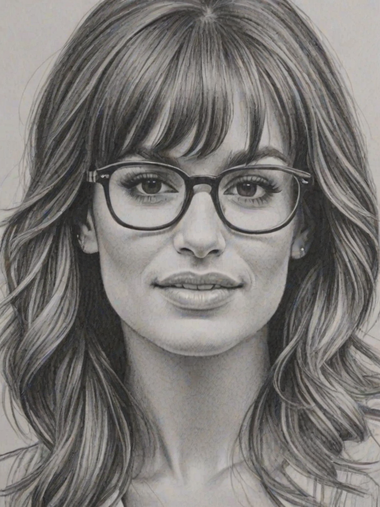 Fetching Lea Michele, pencil sketch, portrait of Ravishing woman 1974s in glasses, hair style beatnik, outline, clear lines, fine lines, 8k