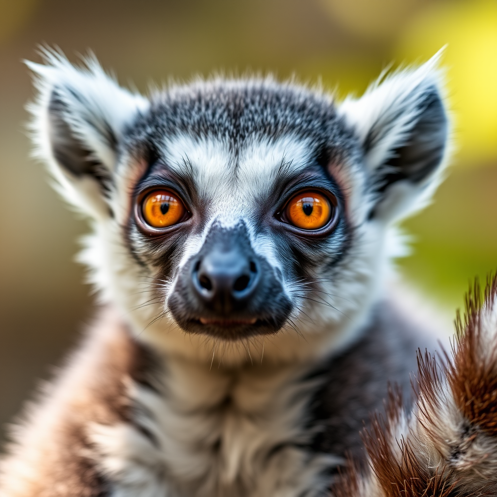 high-resolution close-up of a lemur with orange eyes and soft gray fur, natural lighting, shallow depth of field, 85mm lens, f/1.8 aperture, ISO 200, 1/250 sec shutter speed, captured with a DSLR camera