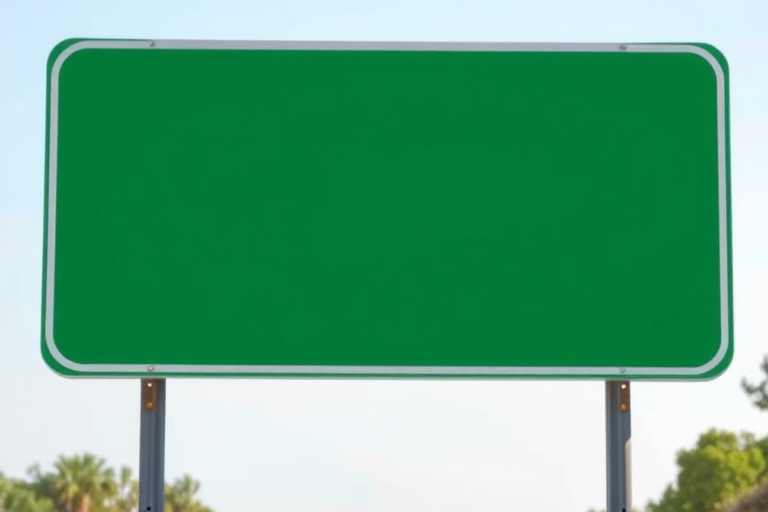 Generate an image of a blank green road sign with a clear background, using a DSLR camera with a 50mm lens, aperture set to f/2.8, ISO 100, and a shallow depth of field to enhance image quality.