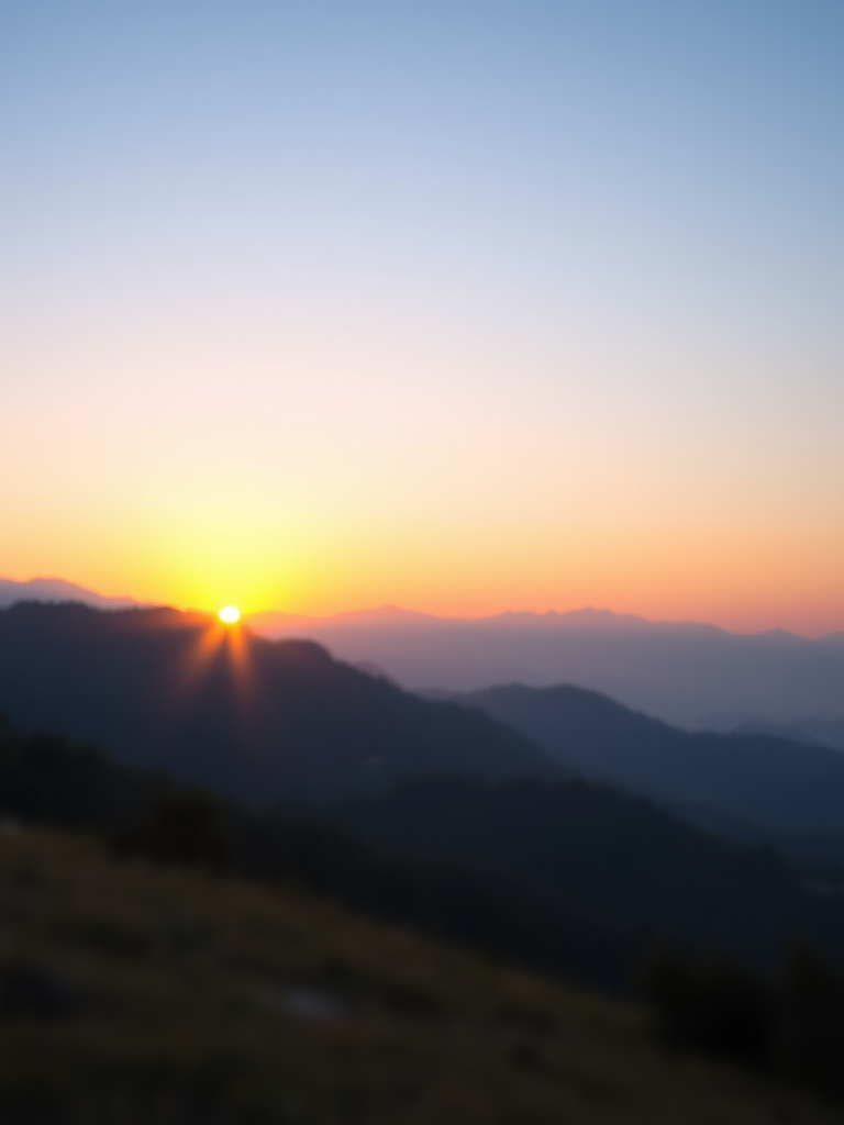 high-resolution image of a serene landscape at sunrise with mountains in the background, soft foreground focus, 50mm lens, aperture f/2.8, ISO 100, shutter speed 1/200s, shot from eye level, DSLR camera, natural lighting