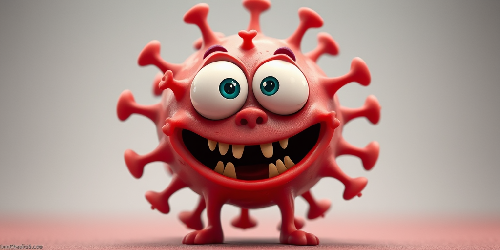 Create a cartoonish representation of a virus character with exaggerated features, capturing a playful yet eerie expression, use vibrant colors for details, ensure sharp contrast and clarity, utilize a DSLR camera, 50mm lens, f/1.8 aperture, ISO 100, and a shallow depth of field to enhance image quality.