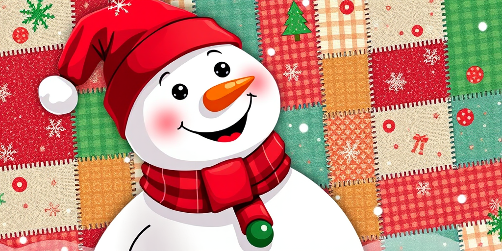 Create a festive illustration of a cheerful snowman wearing a red hat and scarf, surrounded by a colorful patchwork background with holiday patterns, captured with a Canon EOS 5D Mark IV, 50mm lens, f/1.8 aperture, ISO 100, in natural light, emphasizing vibrant colors and sharp details.