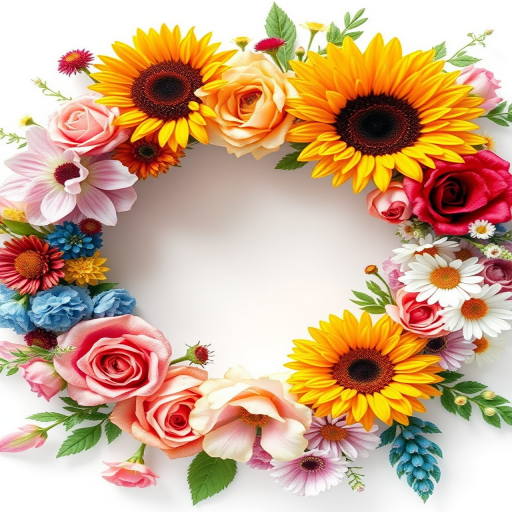 Create a vibrant watercolor floral wreath featuring diverse flowers such as sunflowers, roses, and daisies, captured with a Canon EOS 5D Mark IV at f/2.8, ISO 100, using a shallow depth of field and natural light for enhanced color saturation and sharpness.