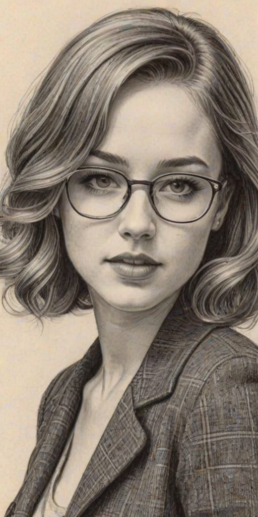 Beauteous Haley Ramm, pencil sketch, portrait of Attractive woman 1931s in glasses, hair style beatnik, outline, clear lines, fine lines, 8k