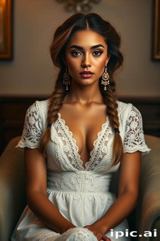 Create a portrait of a refined and elegant woman seated in a sophisticated setting. She has long, wavy hair styled in two thick braids that are pulled over her shoulders. She wears a white, lace gown with intricate patterns, featuring a deep V-neckline and short sleeves. The dress exudes a vintage charm with its delicate lacework. She is adorned with ornate, dangling earrings that add a touch of glamour to her appearance. The background is softly lit, with warm, ambient lighting that creates a cozy and inviting atmosphere. Her expression is poised and serene, capturing a sense of grace and elegance.