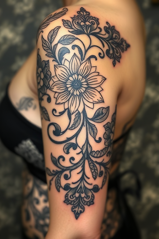 Ornamental blackwork tattoo named "Lace Legacy" showcasing intricate floral and filigree designs inspired by vintage lace patterns with delicate shading and negative space