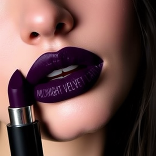 Mysterious "Midnight Velvet" matte lipstick creates an alluring deep purple shade on perfectly lined lips, ideal for dramatic evening looks and mysterious encounters