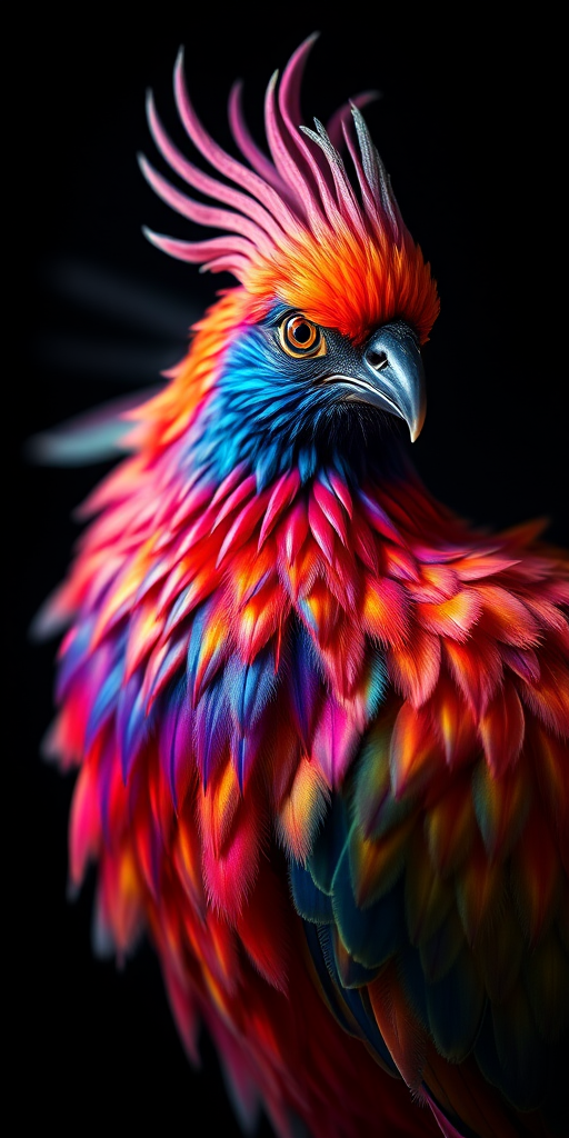 Create an image of a phoenix with vibrant, iridescent colors, set against a dark background, using a DSLR camera with a 50mm lens, aperture f/1.8, ISO 100, captured in a macro style with soft lighting to enhance details and textures.