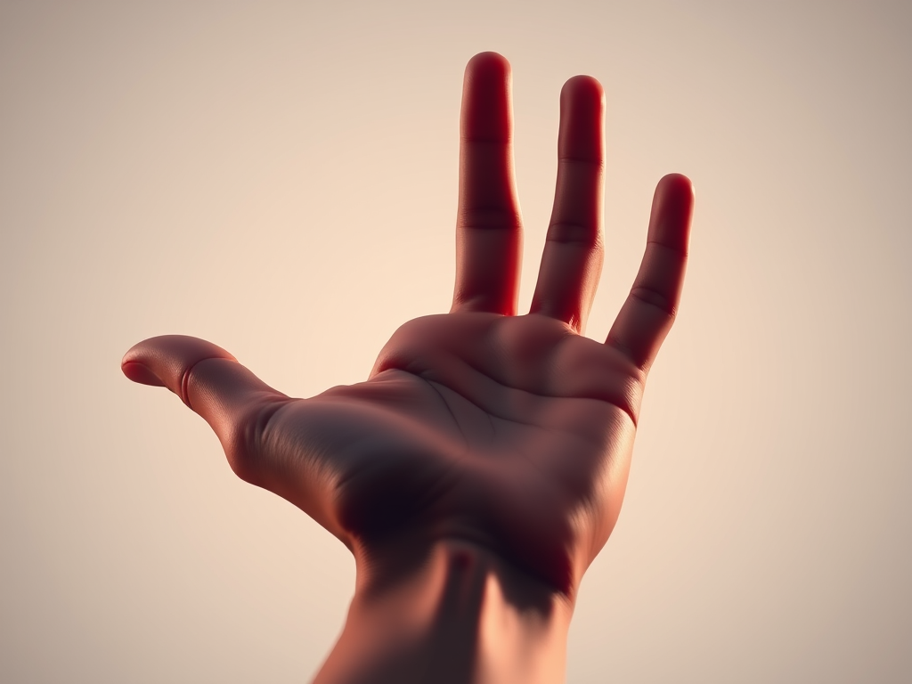 Create a detailed vector illustration of an open hand in a side view, using high contrast colors, with a soft gradient background, captured with a Canon EOS 5D Mark IV at f/4, ISO 100, 1/250s, with a shallow depth of field for emphasis on the hand, in a minimalist style.