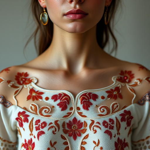 Face, shoulders, chest covered in openwork Ukrainian embroidery. Raw, unedited image.