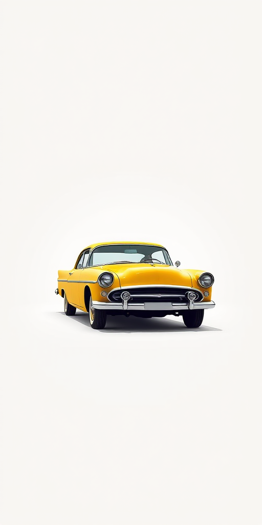 Create a high-quality digital illustration of a classic yellow car with retro design against a minimalist background, using a Canon EOS R, 35mm lens, f/2.8, ISO 100, with a slightly angled view to emphasize depth and color vibrancy.