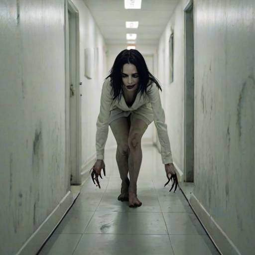 a crooked woman with long arms and a creepy smile is crawling along a long white corridor and you can also see cockroaches in it there is a creepy atmosphere creepy art style