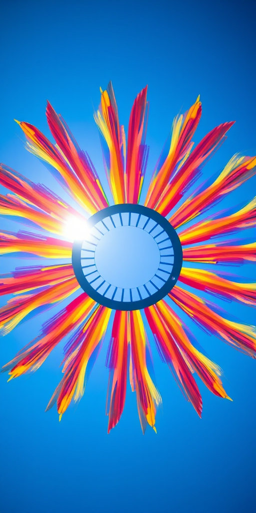 Generate a vibrant sunburst design with a central circular shape and colorful rays radiating outward, using a Canon EOS 5D Mark IV camera, 35mm lens, f/8 aperture, ISO 100, low angle view, and bright daylight setting to enhance clarity and color saturation.