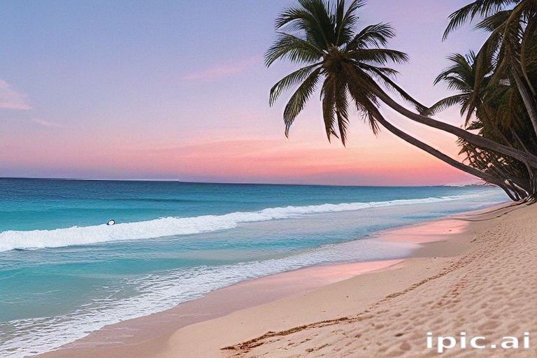 Tranquil Sunset Over Serene Beach with Palm Trees and Gentle Waves