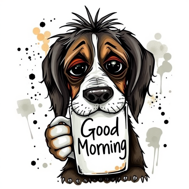 A quirky, artistic illustration of a disheveled basset jack dog breed with exaggerated, large eyes and spiky fur, holding a coffee mug that reads "Good Morning". The dog has a tired but humorous expression, with ink splatters and abstract details surrounding it, giving a whimsical feel to the image. The color palette is mostly monochrome with hints of white in the eyes and steam rising from the mug, enhancing the overall sleepy vibe