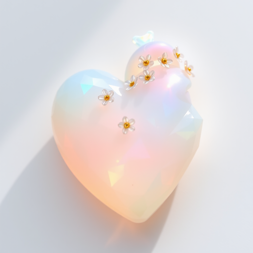 a human heart made of facet cut opal crystal, decorated with small crystal flowers, pastel colors, fine subtle gold details, white background, small drop shadow, beautiful light incidence, prism.