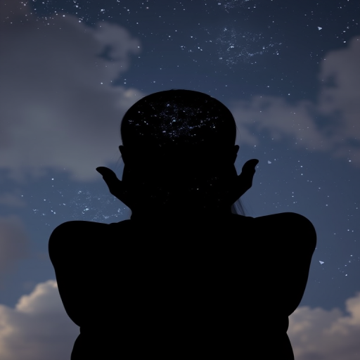Create a silhouette of a person with a starry night sky texture, hands covering the face, surrounded by soft white clouds, captured with a Canon EOS R5, 50mm lens, f/1.8 aperture, ISO 200, and 1/125 sec shutter speed for enhanced detail and clarity.