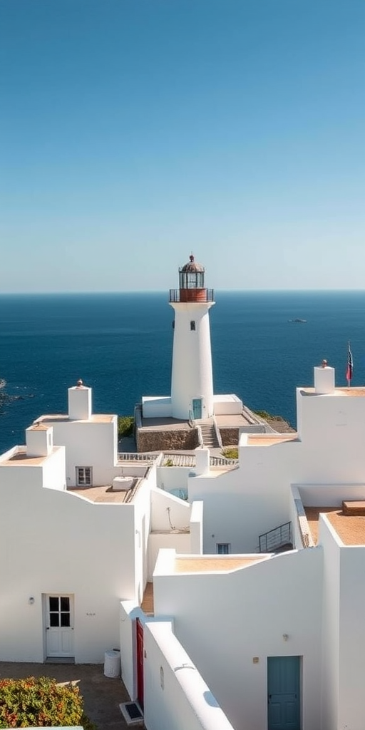 A panoramic view of a coastal lighthouse overlooking the ocean, with white buildings in the foreground, captured in bright daylight using a Canon EOS R5, 24mm lens, aperture f/8, ISO 100, with a focus on enhancing contrast and clarity.