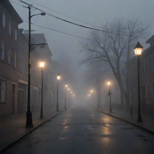 Quiet, foggy street in a sleepy town, lampposts casting a dim glow, and the distant sound of footsteps approaching from the mist.