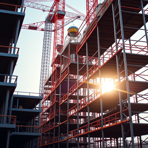 high-resolution image of a construction site with a focus on scaffolding structures, captured in early morning light with a wide-angle lens, aperture f/8, ISO 100, shutter speed 1/250s, viewed from a slightly elevated angle to showcase depth and layers, using a DSLR camera