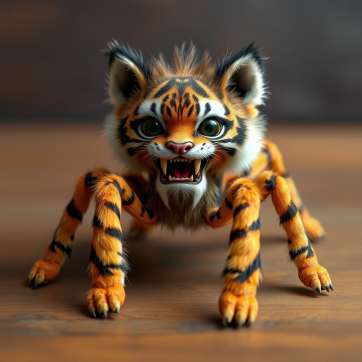 This charming yet frightening Spider Tiger features six legs, a hairy, furry body, and a cat-like tiger physique combined with an insectoid tiger head and tiger legs. The furry head further adds to the creature's unique appearance, creating a captivating blend of cuteness and fear that makes this six-legged, furry, insect-inspired tiger both adorable and scary.