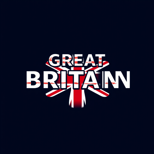 Create a vibrant graphic design featuring the phrase "GREAT BRITAIN" in bold letters above a stylized Union Jack, set against a deep navy background, using a digital art style mimicking high-resolution vector graphics, with a 300 DPI setting for print quality.