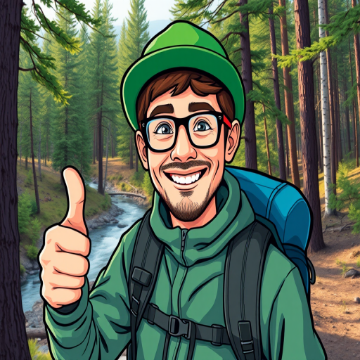 Generate an illustration of a cheerful hiker with glasses and a green hat, thumbs up, standing in a forest with trees and a river in the background, using a vibrant color palette, shot with a Canon EOS R5 at f/2.8, 35mm lens, ISO 100, natural lighting for enhanced clarity and detail.