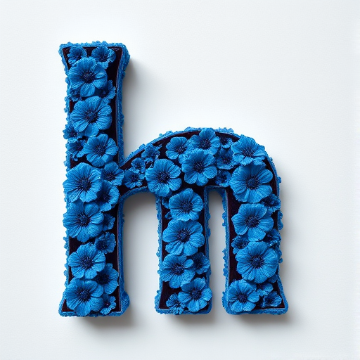 Create a vibrant, textured letter "h" filled with intricate blue floral patterns, shot with a Canon EOS 5D Mark IV, 50mm lens, f/1.8 aperture, ISO 100, at a slight top-down angle for depth and clarity.