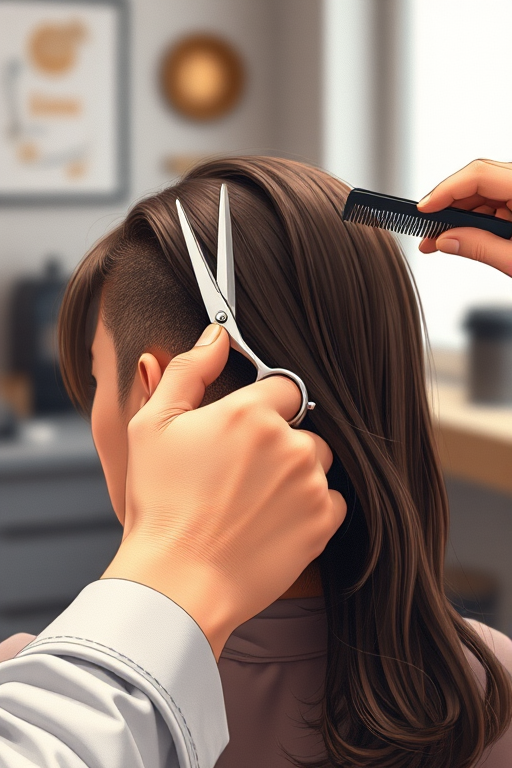 Create a detailed illustration of a person receiving a haircut, focusing on the hands of the stylist holding scissors and a comb, using high-resolution settings to capture fine details, with a shallow depth of field for background blur, shot with a DSLR camera at f/2.8, 50mm lens, ISO 100, and soft lighting for a warm atmosphere.