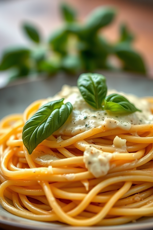 Close-up shot of a plate of spaghetti with a creamy sauce and garnished with fresh basil leaves, taken with a Canon EOS R5 at f/2.8, 1/60s, ISO 200, in natural light with a shallow depth of field for a soft background.