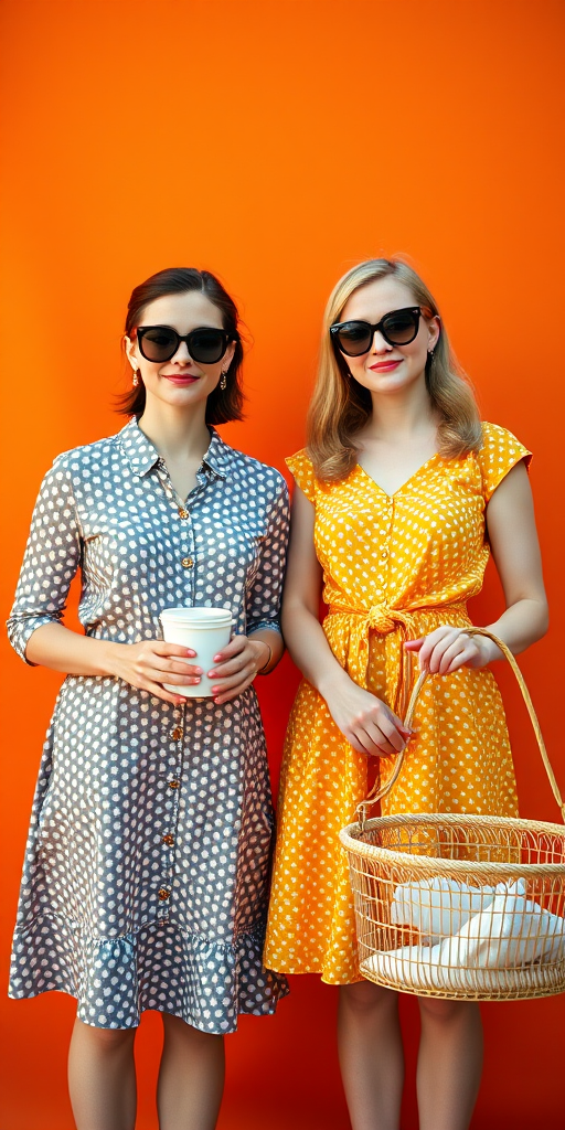 two women in vintage dresses with sunglasses standing in front of an orange background, one holding a coffee cup and the other holding a laundry basket, soft lighting, aperture f/2.8, shutter speed 1/125s, ISO 100, portrait orientation, DSLR camera, natural light style