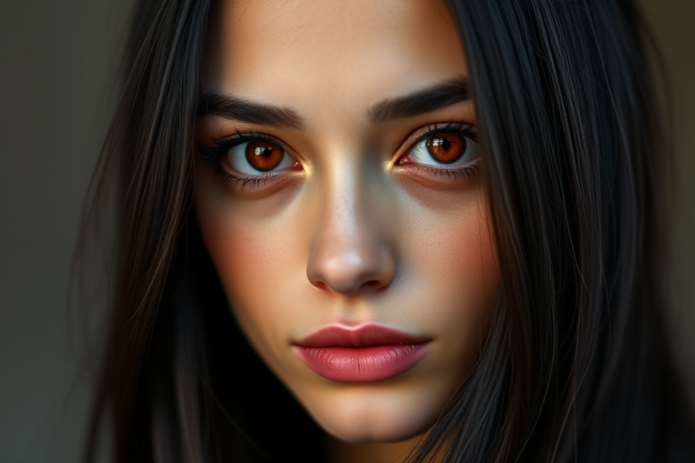 Generate a high-resolution digital portrait of a woman with long black hair and striking red eyes, using a DSLR camera with a 50mm lens, aperture f/1.8, ISO 100, and soft natural lighting to create a smooth background and enhance facial features.
