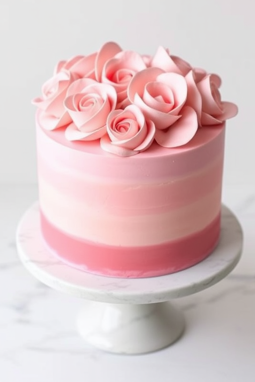 Create an image of a round cake with smooth pink ombre frosting and decorated with swirls of pink and peach buttercream flowers on top. The cake is placed on a marble cake stand and has a minimalist design with a clean finish.