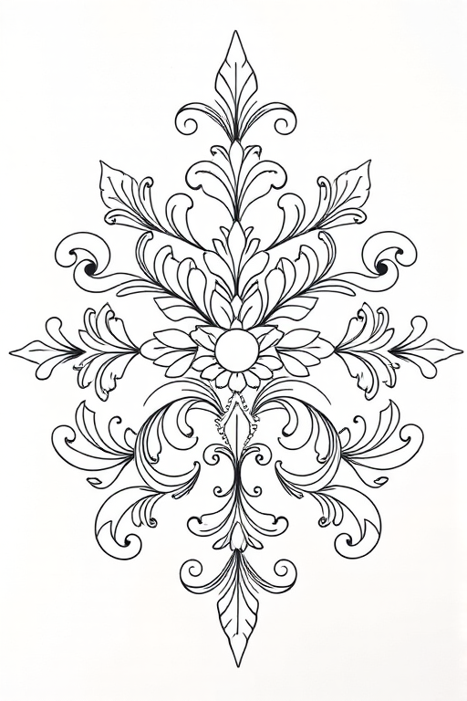 Create a highly detailed line art illustration of an ornamental design featuring stylized leaves and scrolls, utilizing a Canon EOS 5D Mark IV with a 50mm lens, aperture set at f/8, ISO 100, shot from a flat lay perspective, with natural diffused lighting for optimal clarity and texture.