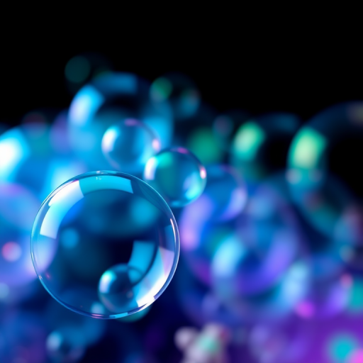Create an abstract image of colorful bubbles in shades of blue, green, and purple against a dark background, using a DSLR camera with a 50mm lens, f/1.8 aperture, ISO 200, and a shallow depth of field for enhanced clarity and detail.