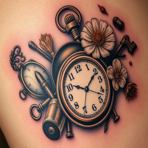 Realism tattoo called "Frozen in Time" depicting a hyper-realistic still life composition of vintage objects such as an old pocket watch, antique keys, and dried flowers, with incredible attention to detail and shading that creates the illusion of three-dimensionality on the skin, ideal for history buffs and those who appreciate the beauty of everyday objects.
