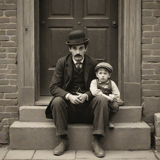 A black-and-white photograph of a man and a child sitting on steps in front of a doorway. The man is dressed as a tramp with a bowler hat, mustache, and ragged clothes, reminiscent of Charlie Chaplin's iconic look. He is sitting with his arms crossed and an expression of slight sadness or frustration. Next to him is a young boy, also in worn clothes and a cap, sitting with his hands clasped, looking thoughtful. The background is an old, textured wall and a partially open door, creating a vintage, early 20th-century atmosphere.