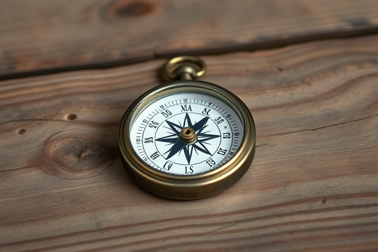 Create an image of a vintage compass on a wooden surface, using a DSLR camera with a 50mm lens, aperture set to f/2.8, ISO 100, and capture in natural light for enhanced detail and clarity.