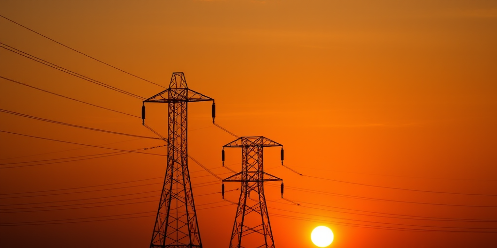 Capture a sunset with a silhouette of a power tower, low angle view, exposure at f/8, ISO 100, shutter speed 1/200s, using a DSLR camera with a prime lens for sharp details and vibrant colors.