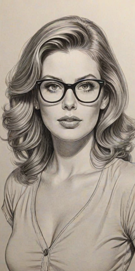 Fetching Diora Baird, pencil sketch, portrait of Lovely woman 1947s in glasses, hair style beatnik, outline, clear lines, fine lines, 8k