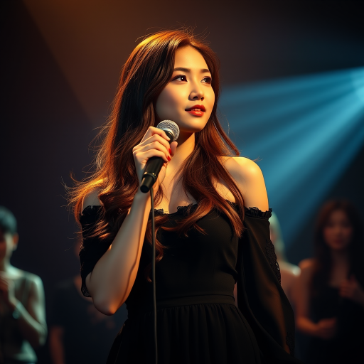 A young korean woman with long, flowing brown hair is standing in the center of the frame, holding a microphone in her right hand, and looking slightly off to the right side of the frame. She is wearing a black, off-the-shoulder dress with delicate lace detailing. The lighting is warm and dramatic, creating a spotlight effect on the singer. There are other figures in the background, blurred and out of focus, suggesting a concert or performance setting. The camera angle is low, capturing the woman from the waist up. The overall atmosphere is intimate and captivating.