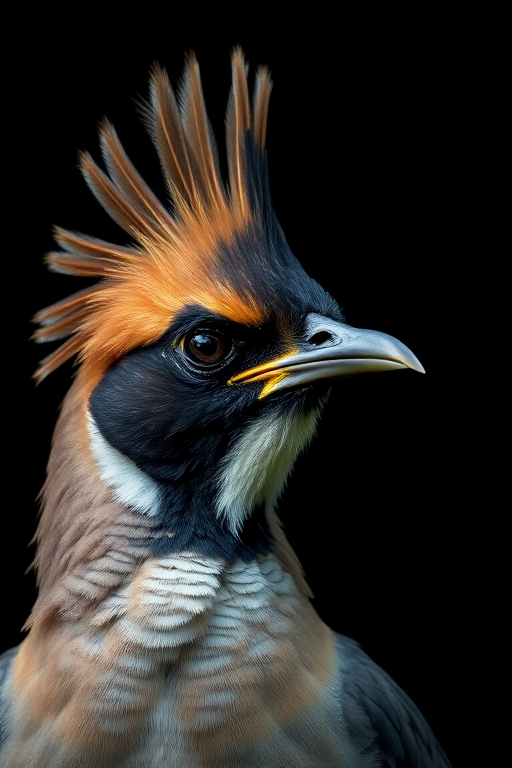 Portrait of a bird with a dramatic crest and striking features against a dark background, 50mm lens, f/1.8 aperture, ISO 100, soft focus, shallow depth of field, DSLR camera.